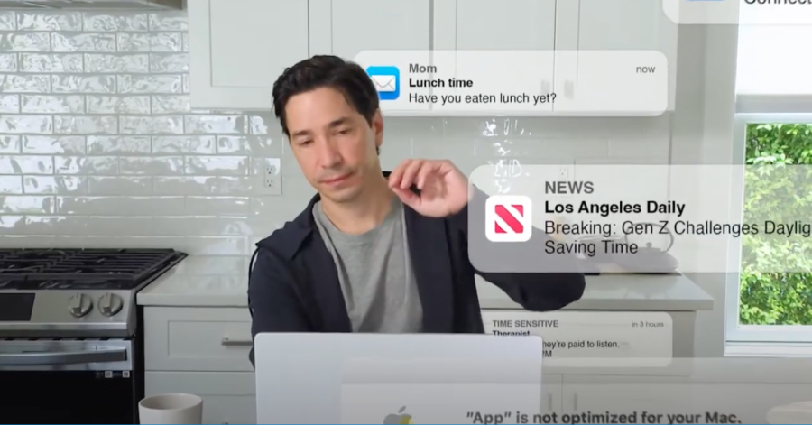 Actor Justin Long, formerly a MacOS spokesman, sits in a sunny kitchen where he is bombarded by nonstop, nettlesome notices by the nannying Mac Operating System